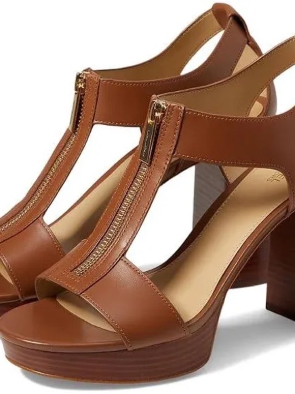 MICHAEL Michael Kors Brown Leather T‑Strap Platform Sandals with Gold Zip